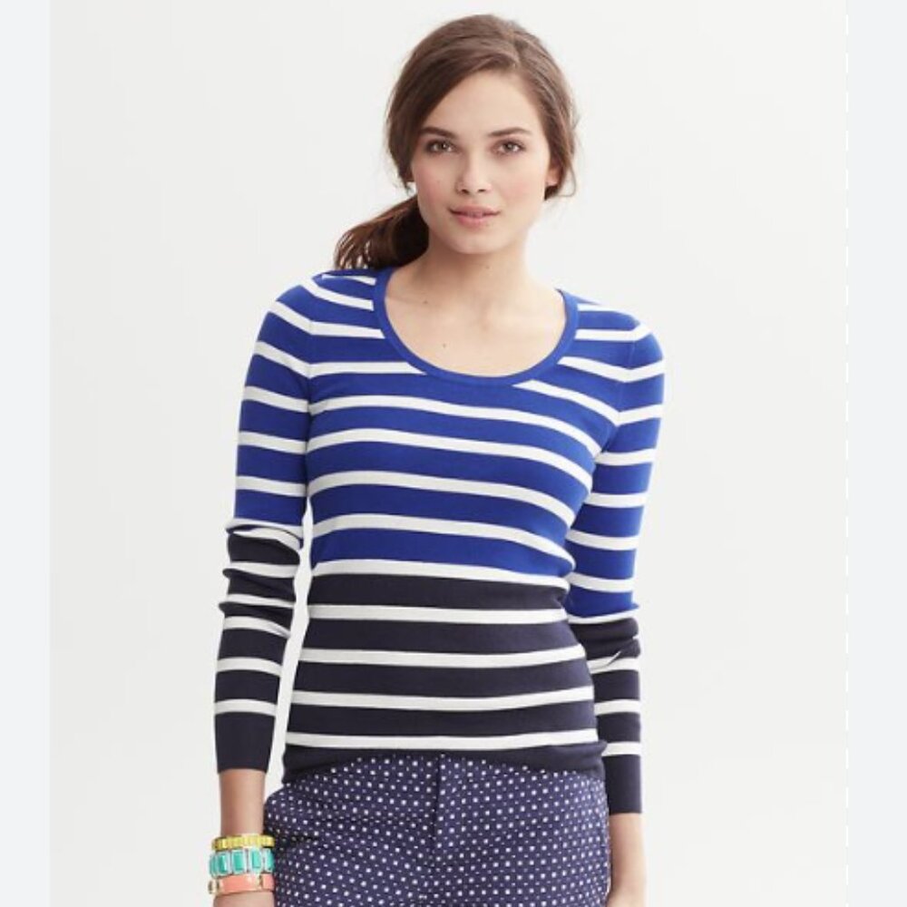 Banana Republic Striped Knit Crew Neck Pullover Sweater in Blue & White Size S